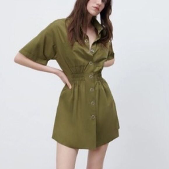 NEW ZARA Olive Green Shirt Dress - Picture 1 of 4